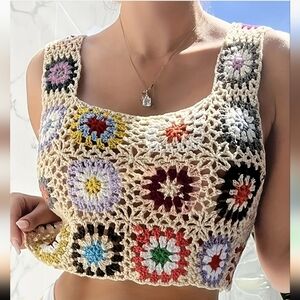 New 1pc Women’s Crochet Floral Knit Tank Top - Sexy Hollow Out Bikini Cover-Up,